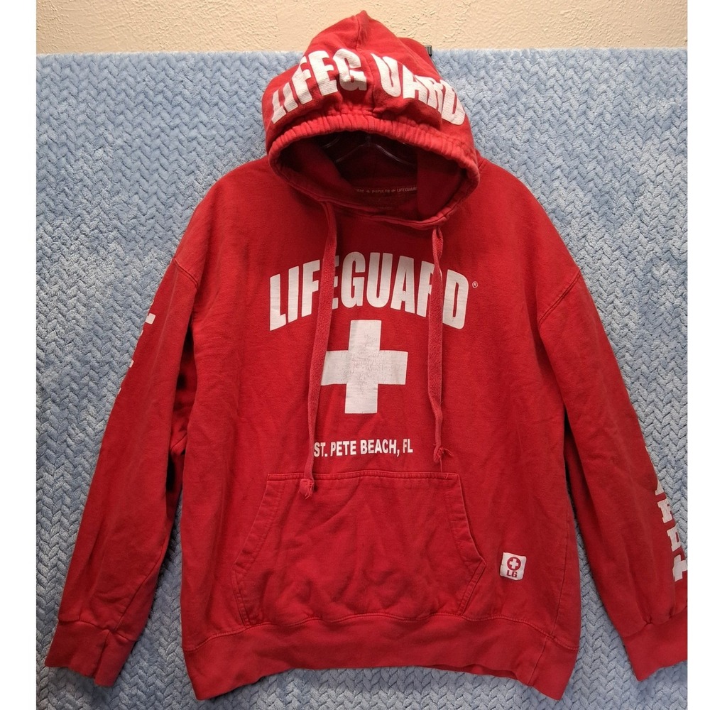 Lifeguard Hoodie St Pete Beach FL Red Graphic Sweatshirt Large Spring Break